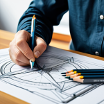 A professional product designer, fully clothed in a modest, smart casual outfit, with appropriate attire, is meticulously sketching a new product concept at a large, well-organized desk in a brightly lit, modern design studio. The desk is adorned with a variety of high-quality tools: graphite pencils, alcohol-based markers in various shades, precise fineliners, a compass, and a set square. The designer's hands are visible, holding a mechanical pencil with a natural pose. The focus is on the intricate details of the sketch on technical paper, surrounded by other essential design tools. The scene conveys a sense of focused creativity and technical expertise. safe for work, appropriate content, fully clothed, professional, perfect anatomy, correct proportions, well-formed hands, proper finger count, natural body proportions.