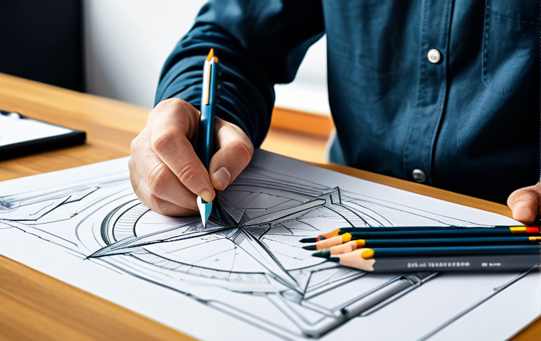 A professional product designer, fully clothed in a modest, smart casual outfit, with appropriate attire, is meticulously sketching a new product concept at a large, well-organized desk in a brightly lit, modern design studio. The desk is adorned with a variety of high-quality tools: graphite pencils, alcohol-based markers in various shades, precise fineliners, a compass, and a set square. The designer's hands are visible, holding a mechanical pencil with a natural pose. The focus is on the intricate details of the sketch on technical paper, surrounded by other essential design tools. The scene conveys a sense of focused creativity and technical expertise. safe for work, appropriate content, fully clothed, professional, perfect anatomy, correct proportions, well-formed hands, proper finger count, natural body proportions.